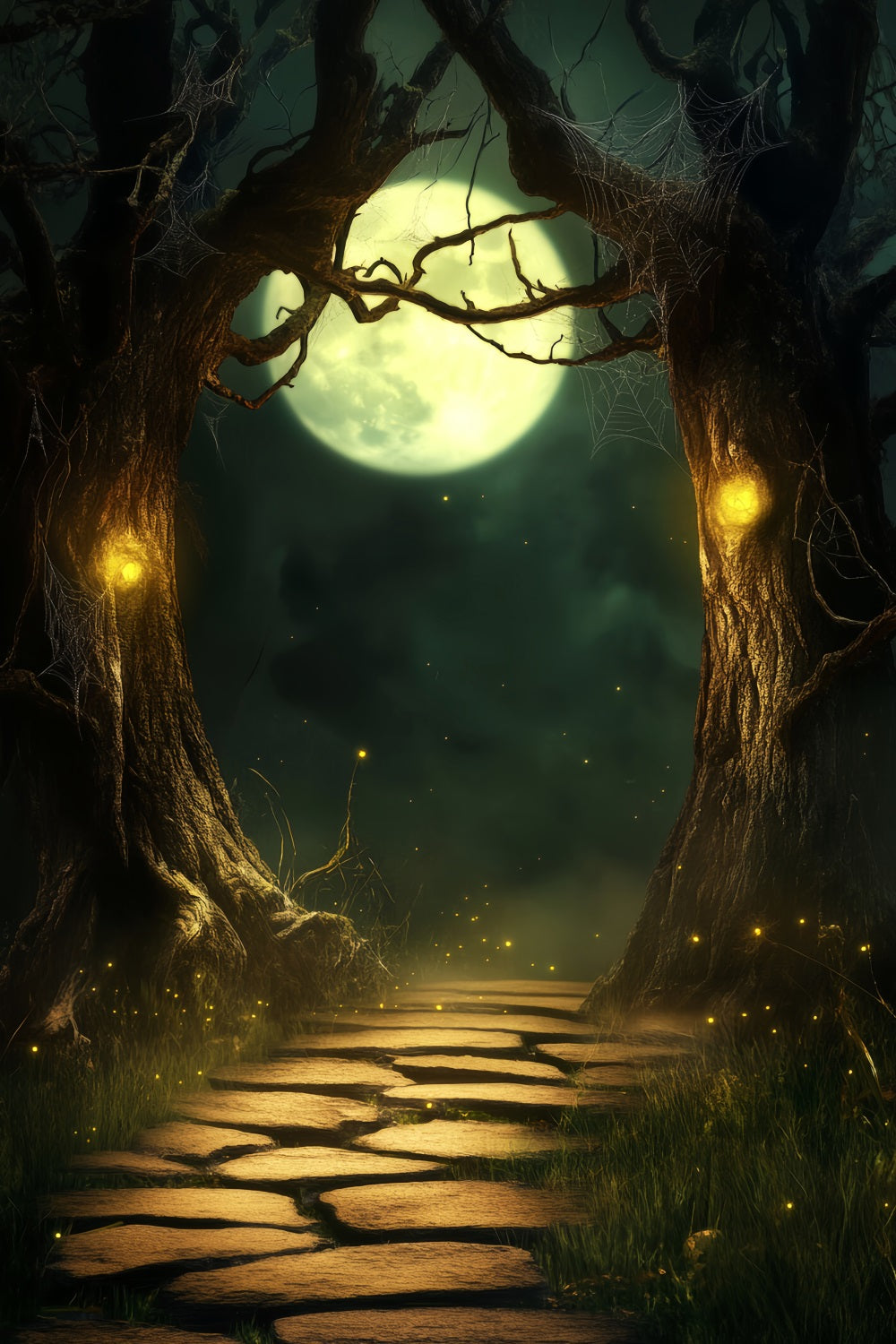 Haunted Forest Backdrop Moonlit Path Enchanted Trees Halloween Photo Backdrop LXX59-118
