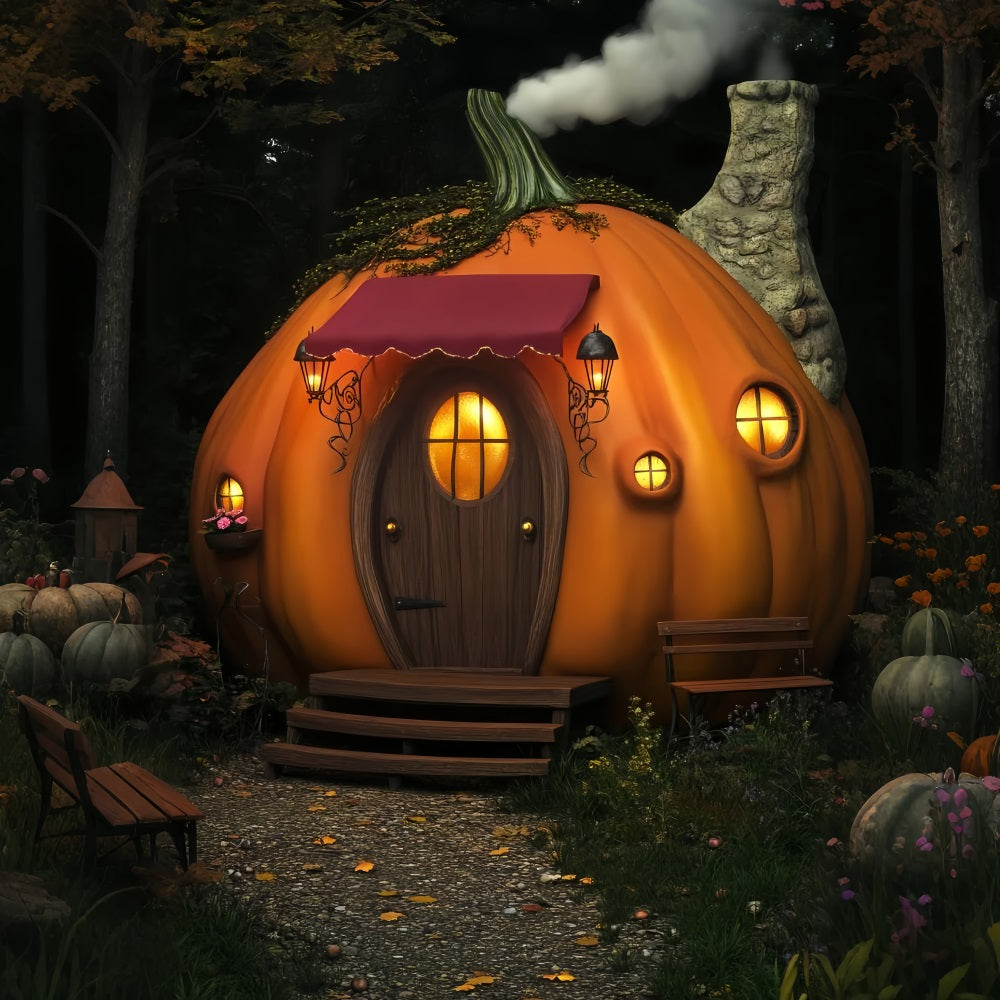 Haunted Forest Backdrop Pumpkin Cottage Lantern House Halloween Backdrop Ideas LXX59-120