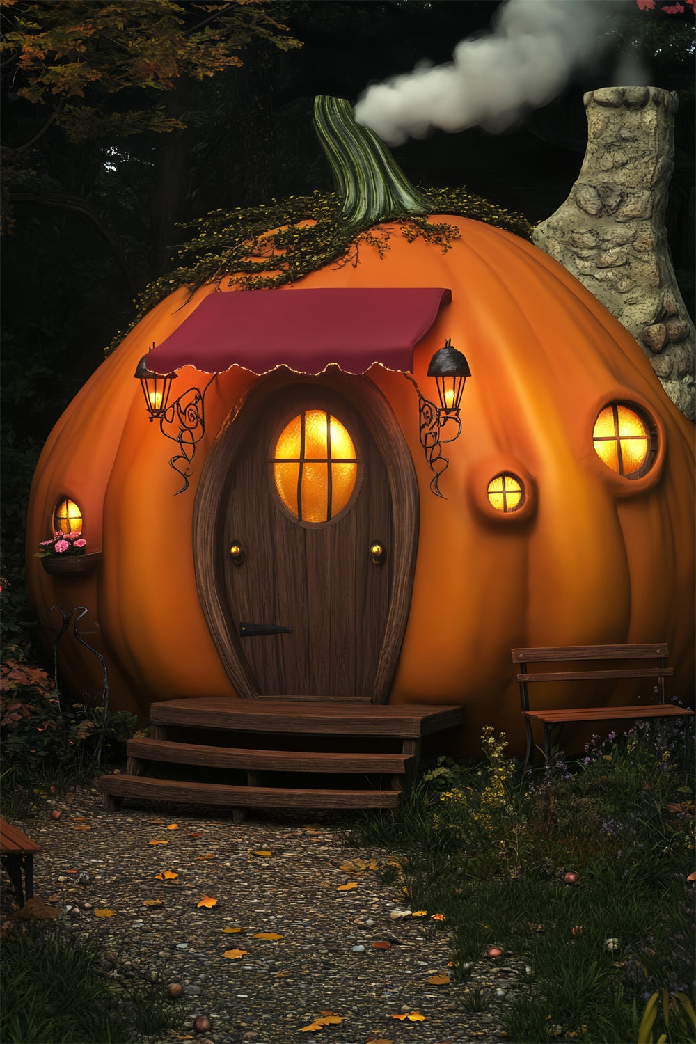 Haunted Forest Backdrop Pumpkin Cottage Lantern House Halloween Backdrop Ideas LXX59-120