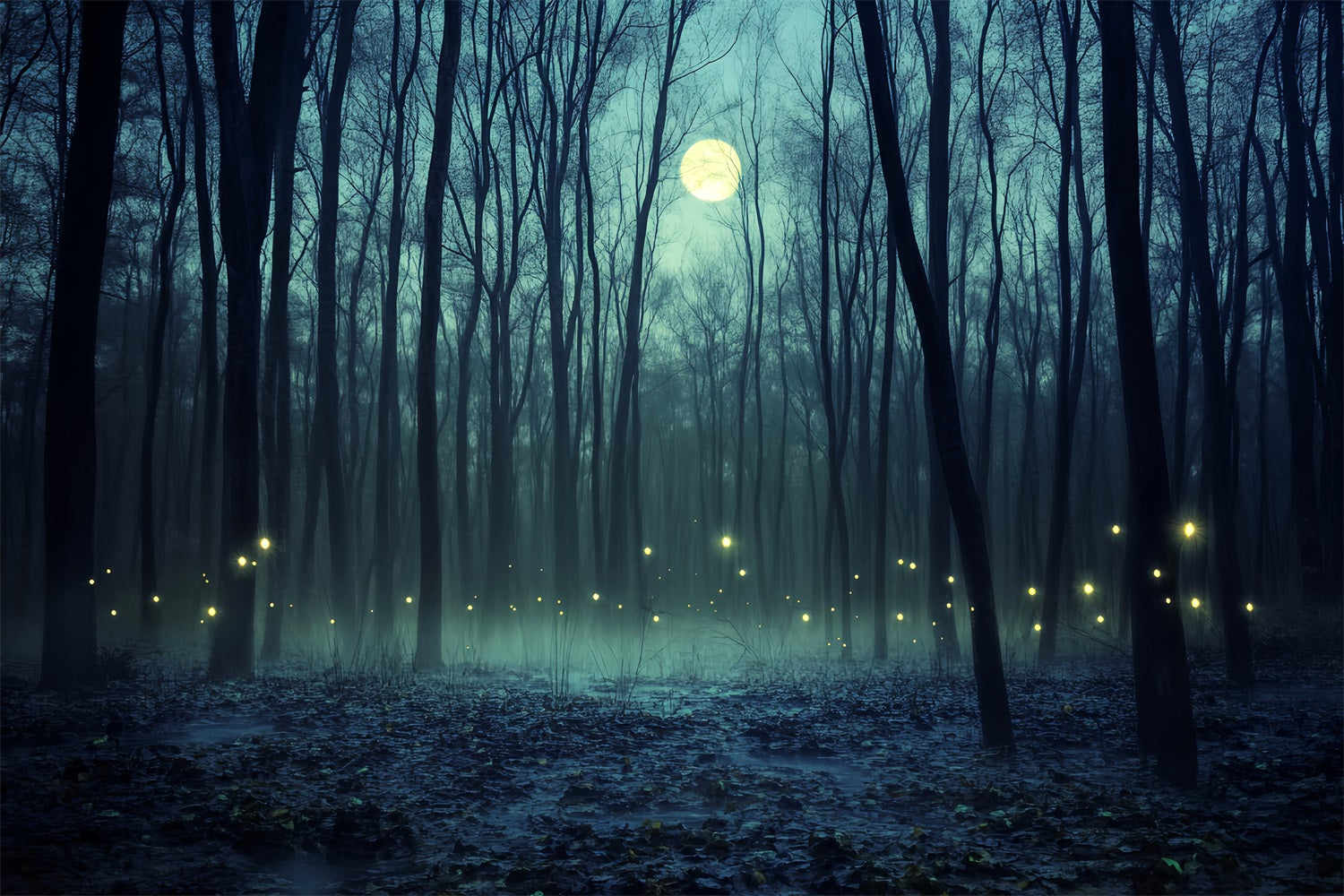 Haunted Forest Backdrop Moonlit Forest Firefly Glow Halloween Photo Backdrops LXX59-121
