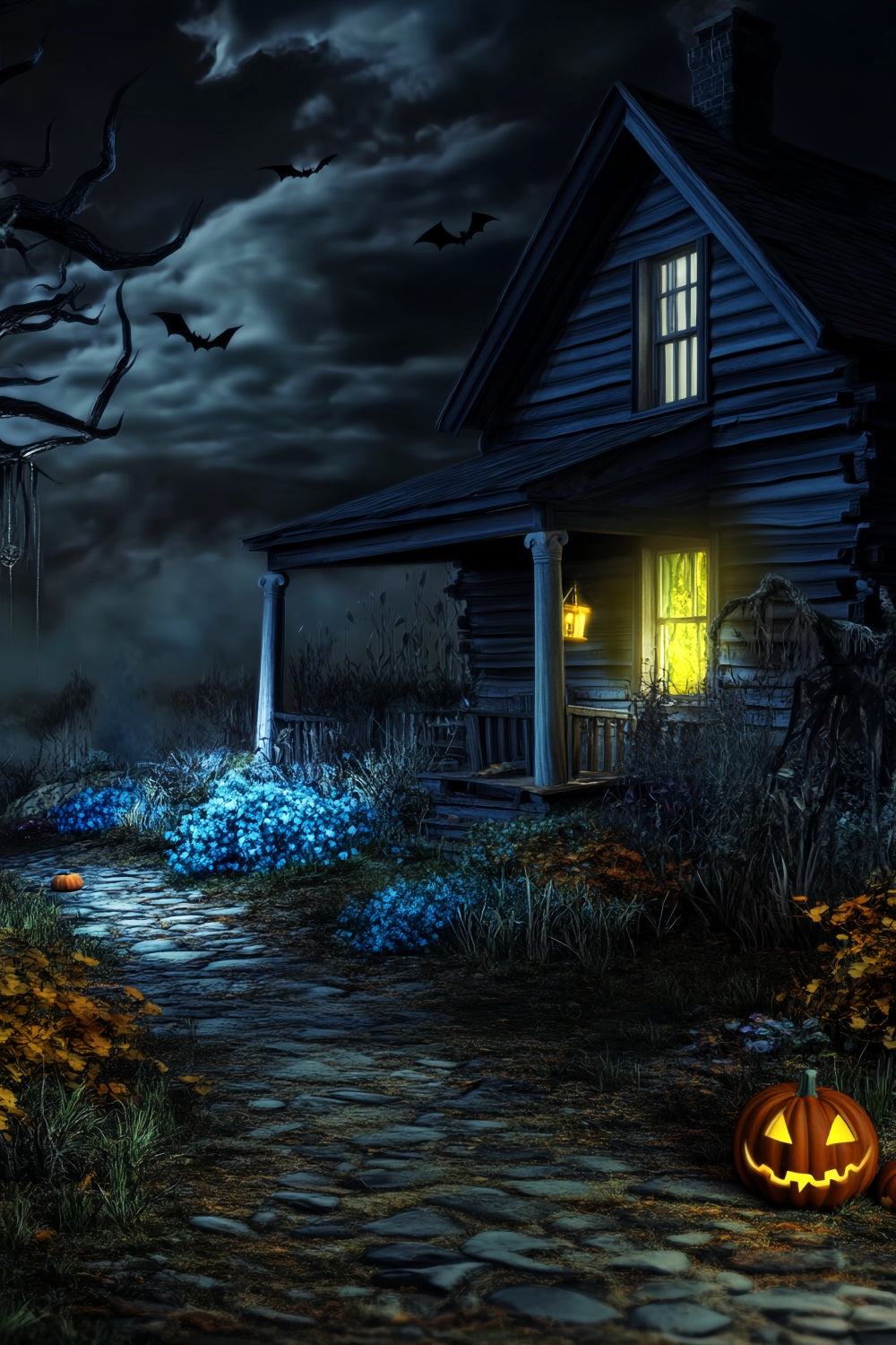 Haunted Forest Backdrop Creepy Cabin Pumpkin Path Halloween Photo Booth Backdrop LXX59-122
