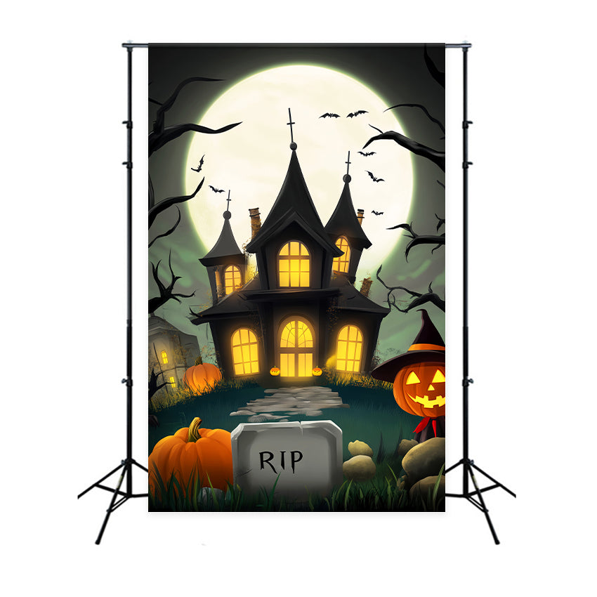 Haunted Forest Backdrop Cartoon Mansion Full Moon Halloween Photography Backdrop LXX59-123
