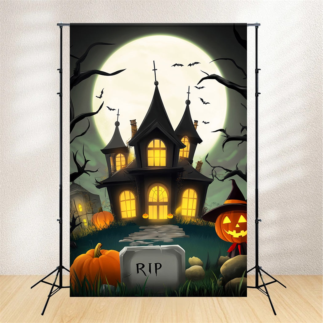 Haunted Forest Backdrop Cartoon Mansion Full Moon Halloween Photography Backdrop LXX59-123