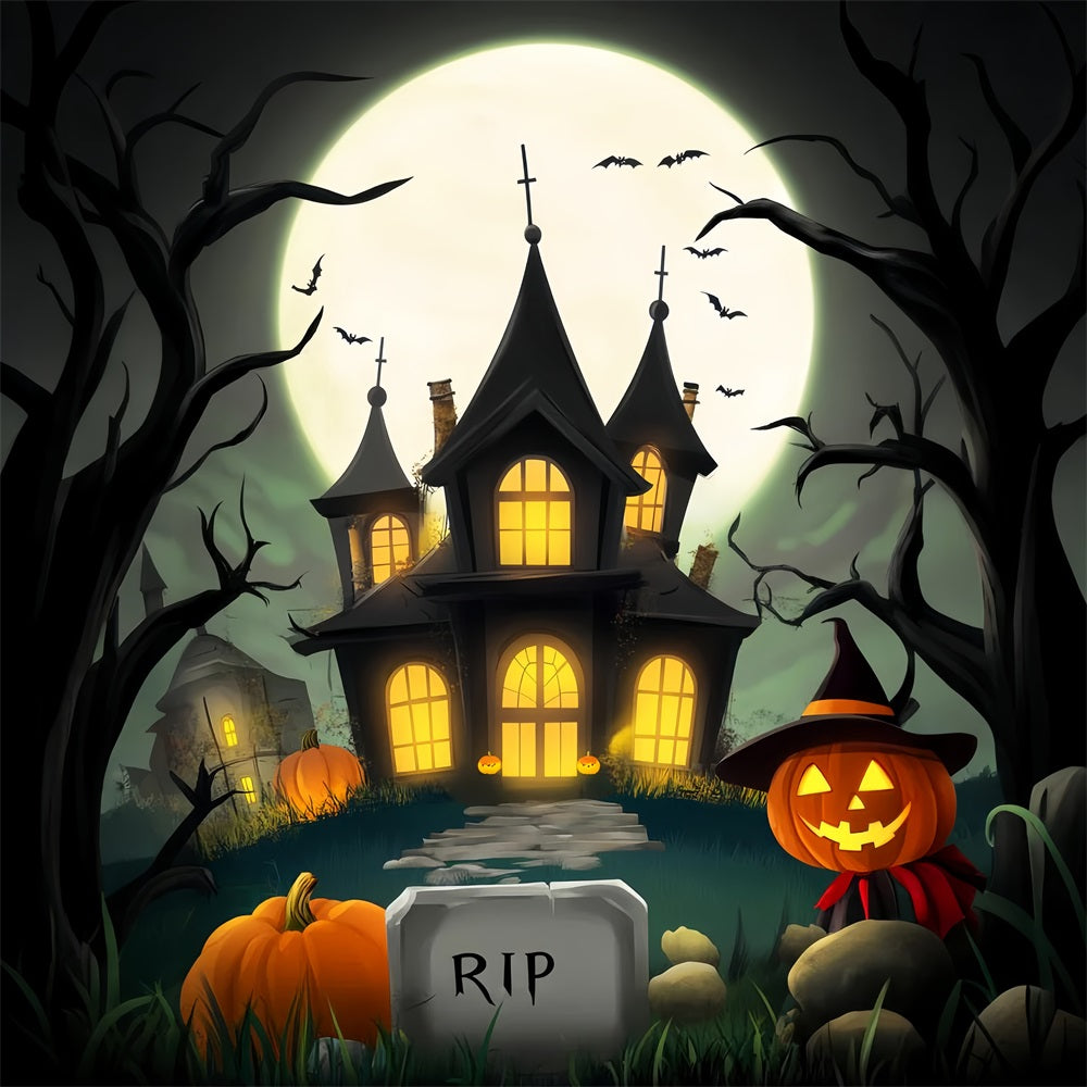Haunted Forest Backdrop Cartoon Mansion Full Moon Halloween Photography Backdrop LXX59-123