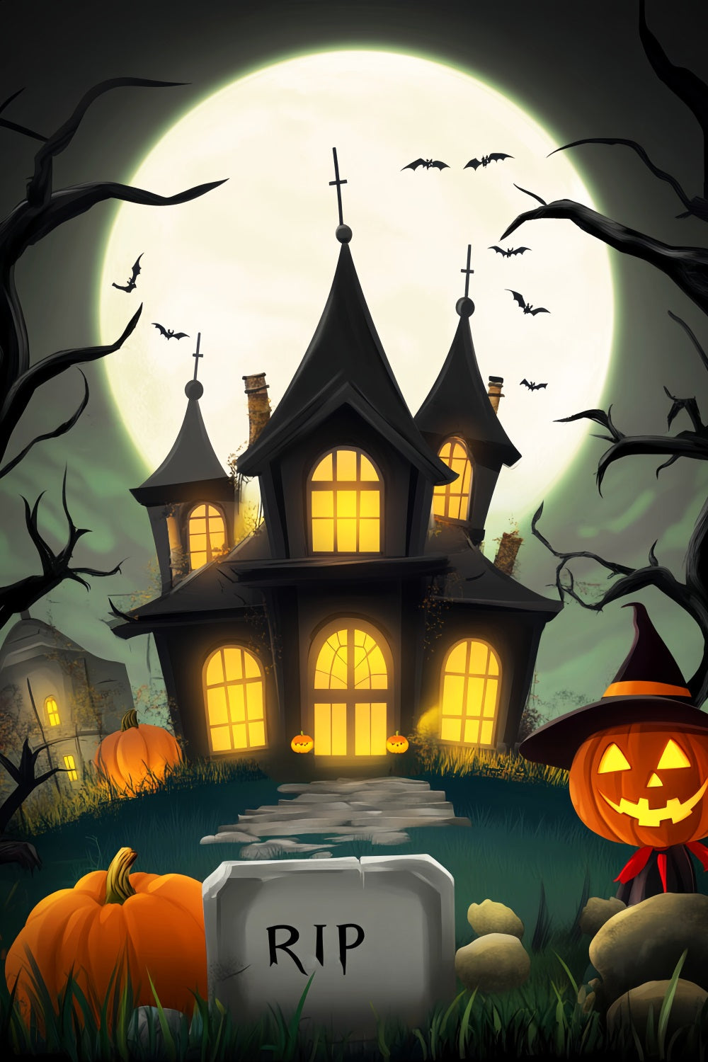 Haunted Forest Backdrop Cartoon Mansion Full Moon Halloween Photography Backdrop LXX59-123