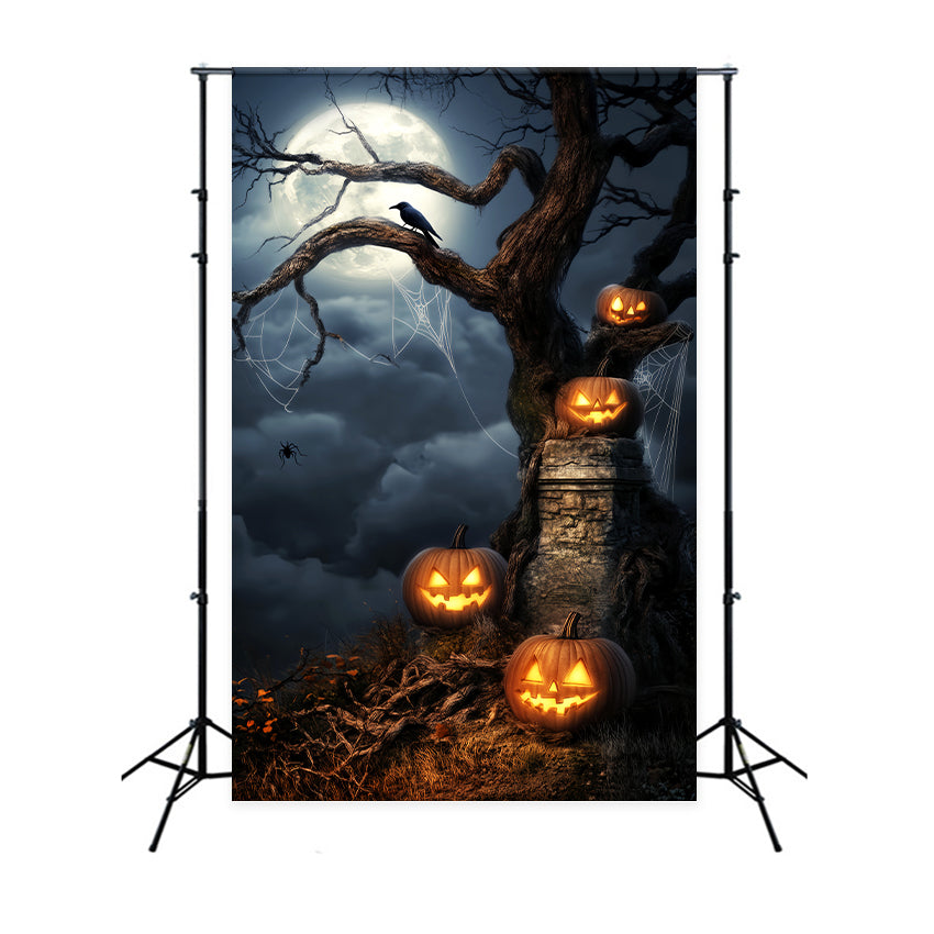 Haunted Forest Backdrop Glowing Pumpkins Moonlit Tree Halloween Backdrop Ideas LXX59-124