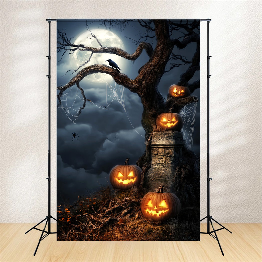 Haunted Forest Backdrop Glowing Pumpkins Moonlit Tree Halloween Backdrop Ideas LXX59-124