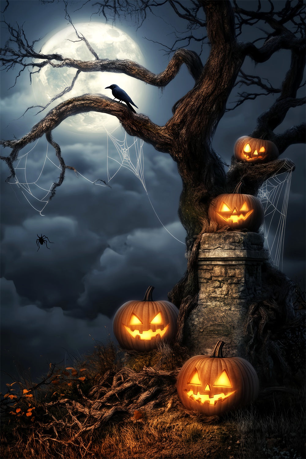 Haunted Forest Backdrop Glowing Pumpkins Moonlit Tree Halloween Backdrop Ideas LXX59-124