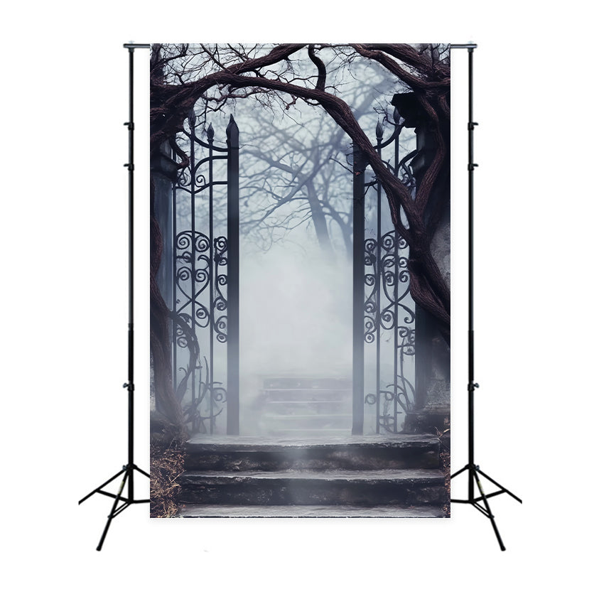 Haunted Forest Backdrop Foggy Cemetery Iron Gate Halloween Picture Backdrop LXX59-125