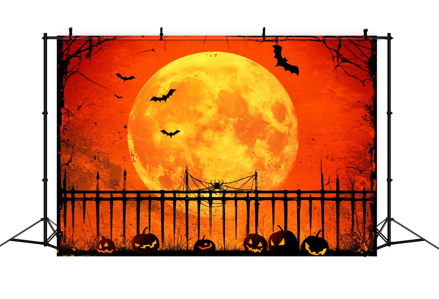 Haunted Forest Backdrop Pumpkin Moonlit Fence Shadows Halloween Moon Backdrop LXX59-128