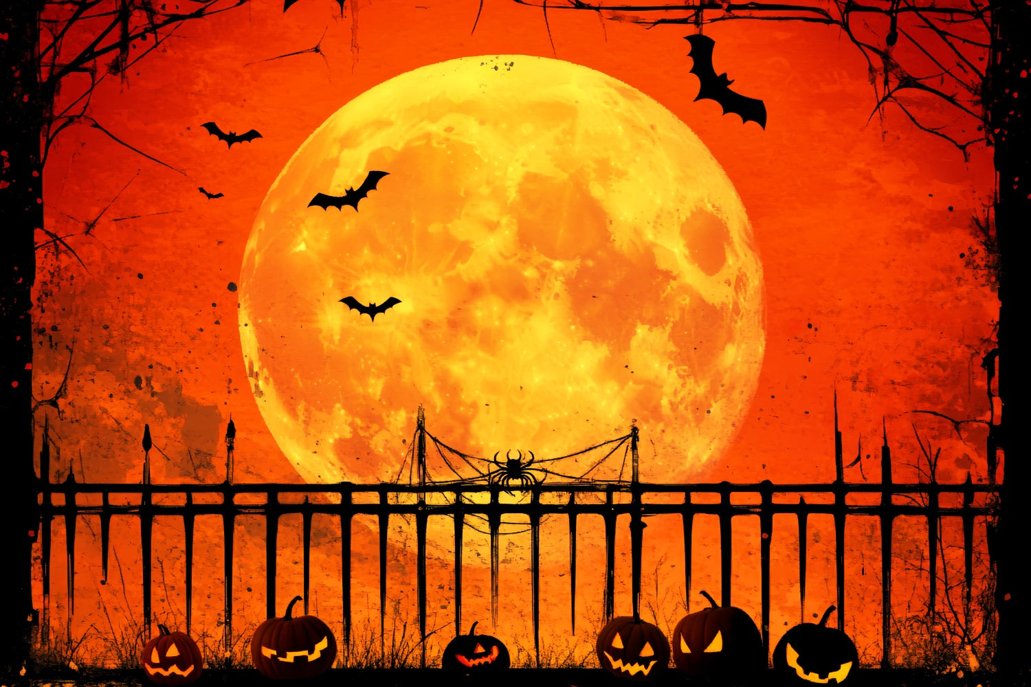 Haunted Forest Backdrop Pumpkin Moonlit Fence Shadows Halloween Moon Backdrop LXX59-128