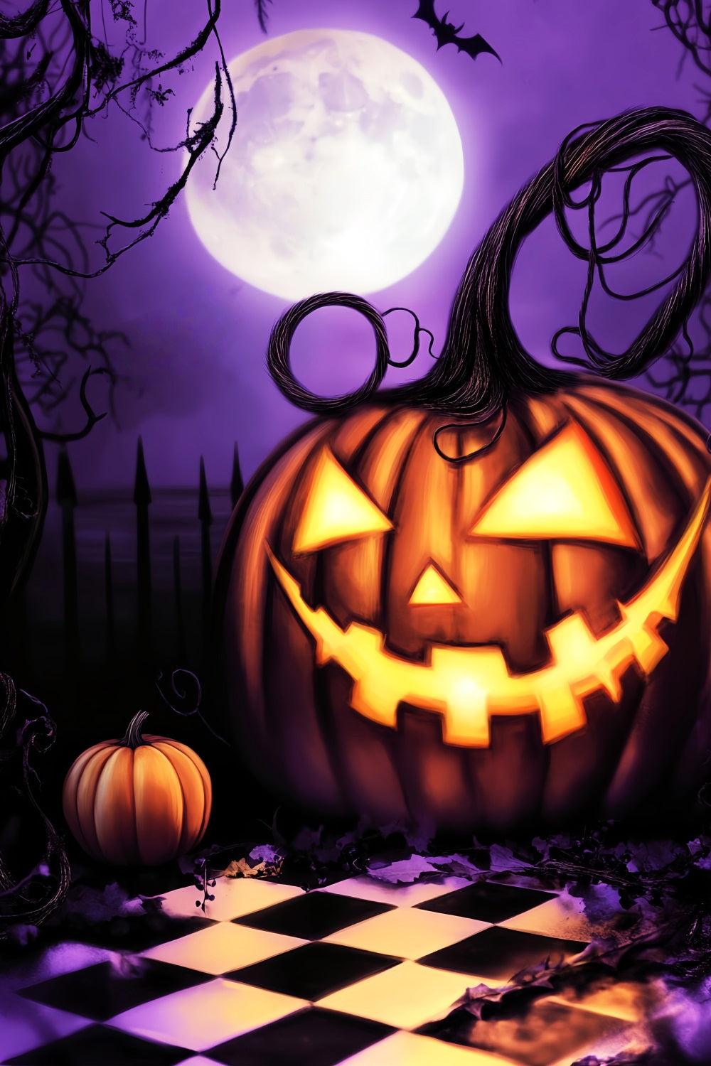 Haunted Forest Backdrop Giant Pumpkin Grin Under Moon Halloween Backdrops LXX59-130