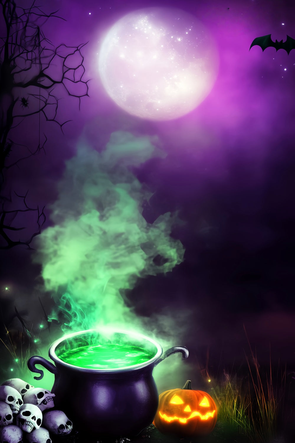Haunted Forest Backdrop Witch Cauldron Green Smoke Moon Halloween Backdrop Ideas LXX59-132
