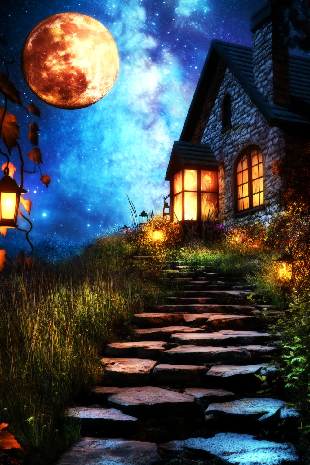 Haunted Forest Backdrop Lantern Pathway Enchanted Cottage Halloween Backdrop LXX59-135