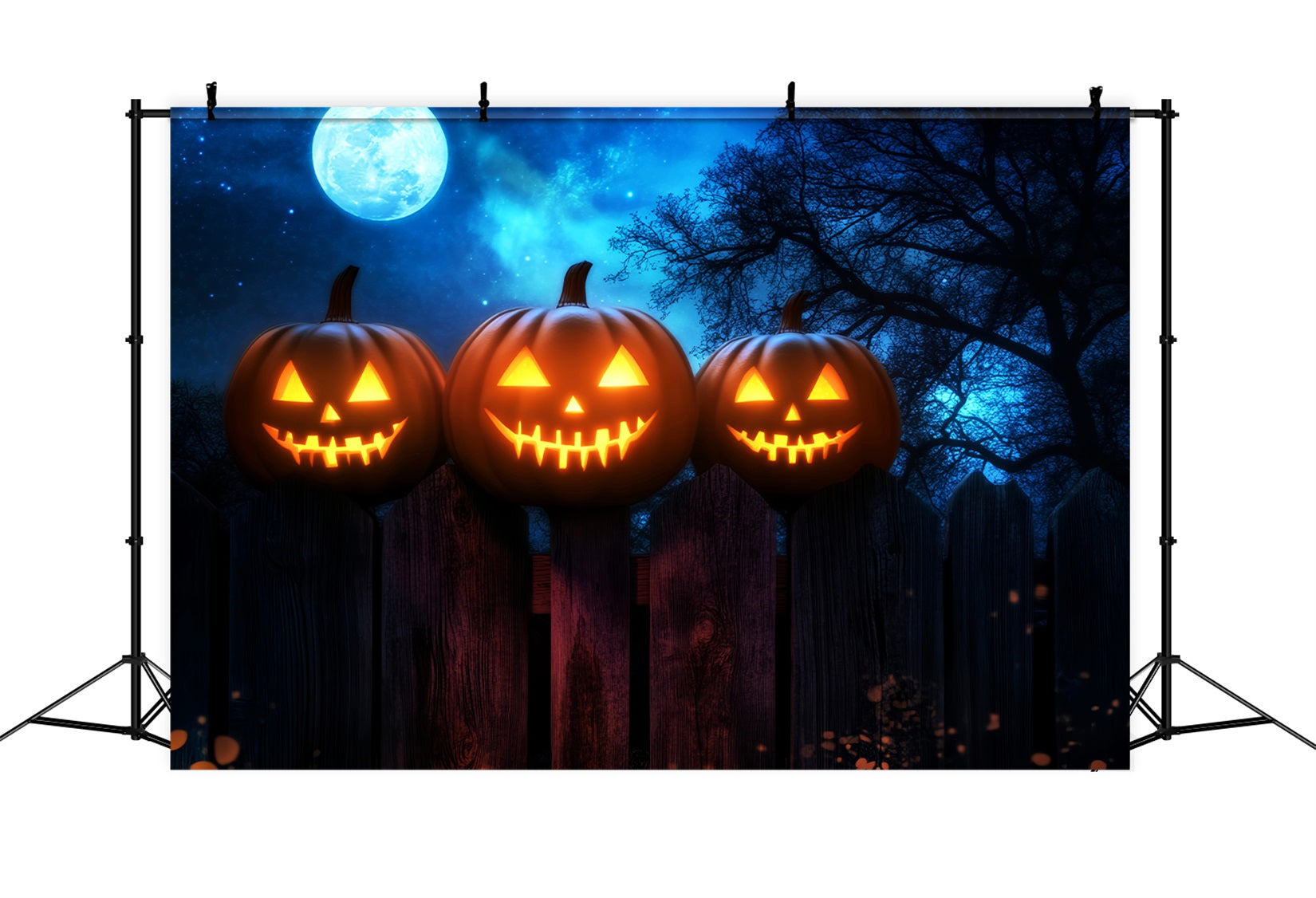 Haunted Forest Backdrop Glowing Pumpkins Fence Moonlight Halloween Backdrop LXX59-136