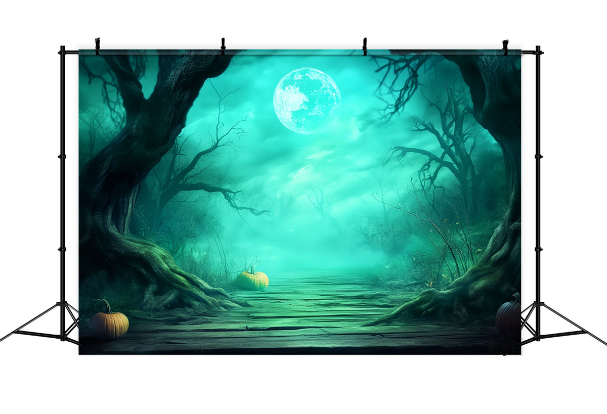 Haunted Forest Backdrop Foggy Forest Path Pumpkins Halloween Photo Bac