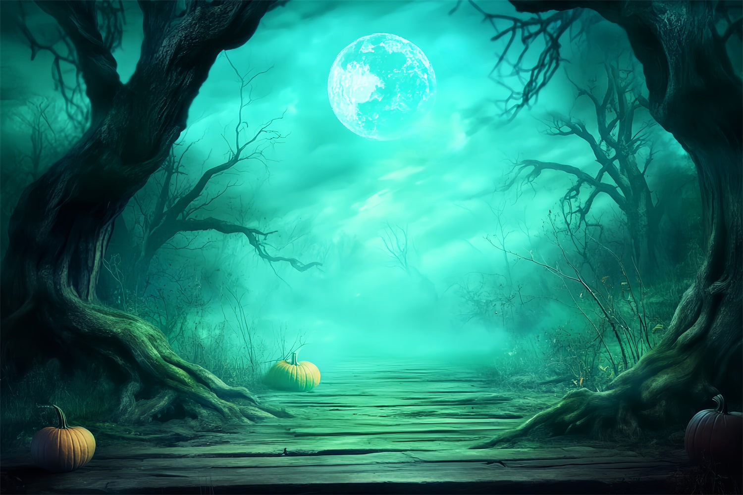 Haunted Forest Backdrop Foggy Forest Path Pumpkins Halloween Photo Backdrop Ideas LXX59-137