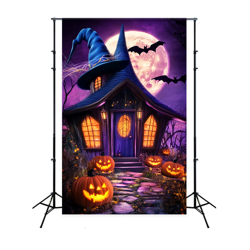 Haunted Forest Backdrop Witch Hat Cottage Pumpkin Lanterns Halloween Moon Backdrop LXX59-138