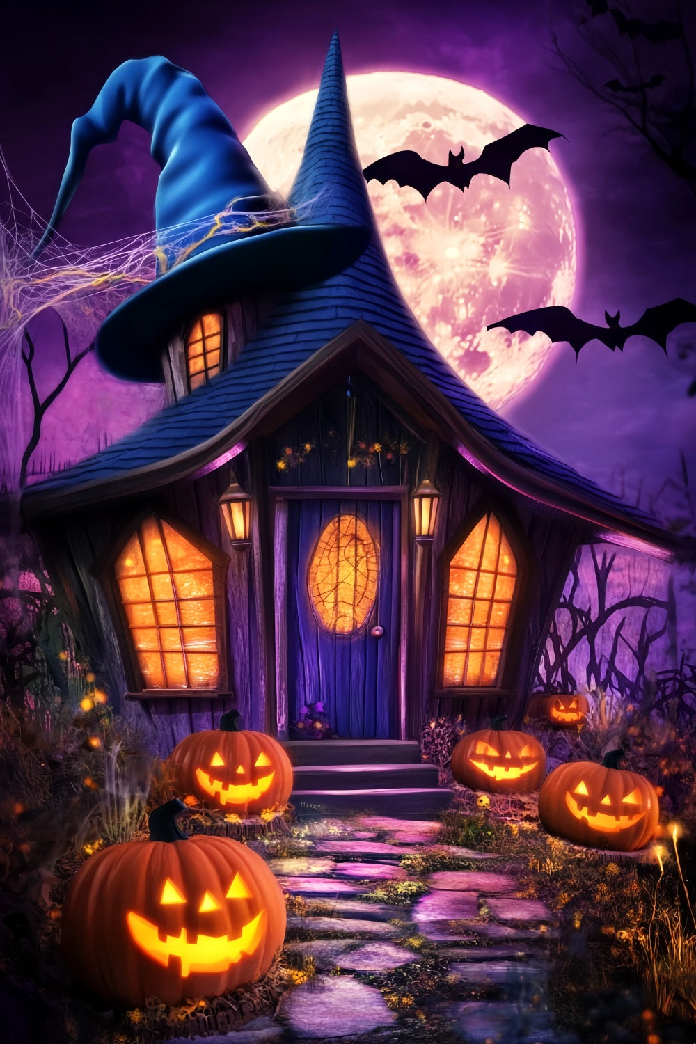 Haunted Forest Backdrop Witch Hat Cottage Pumpkin Lanterns Halloween Moon Backdrop LXX59-138