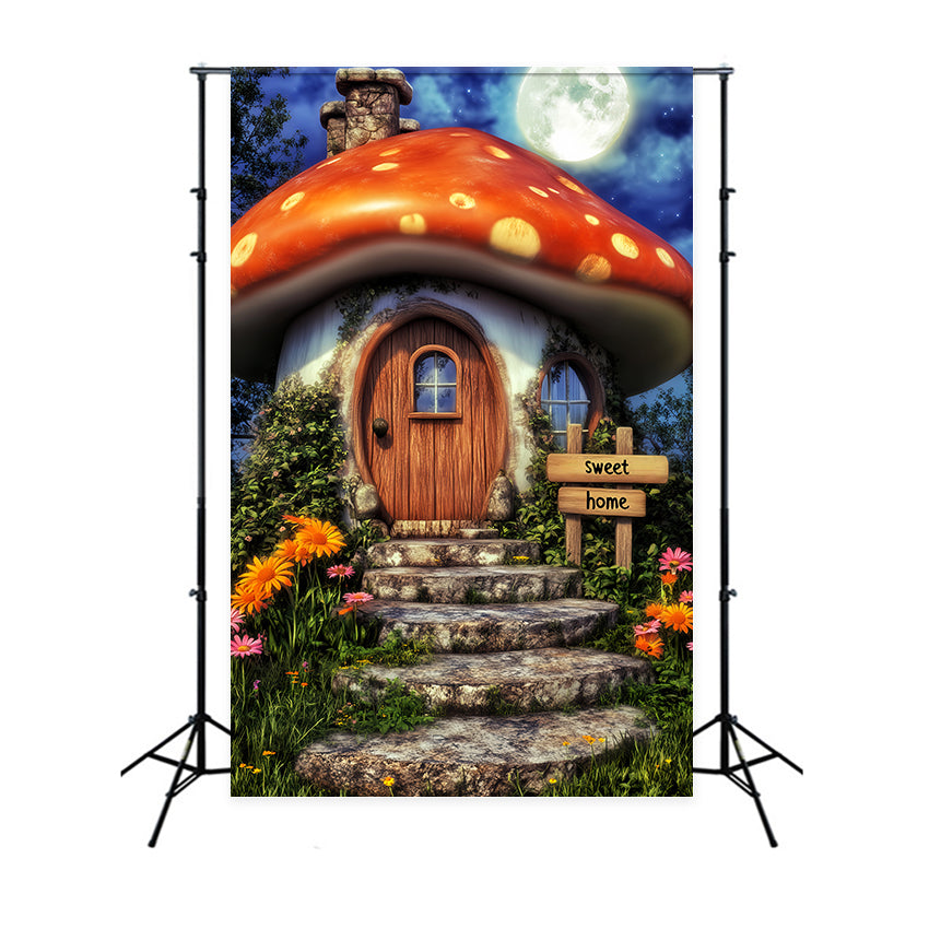 Haunted Forest Backdrop Whimsical Mushroom House Moon Halloween Backdrop LXX59-139