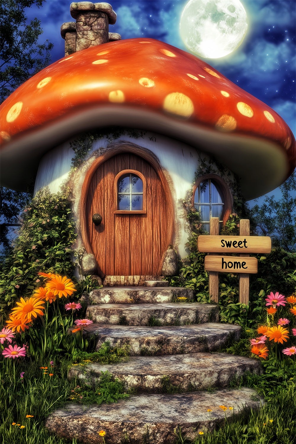 Haunted Forest Backdrop Whimsical Mushroom House Moon Halloween Backdrop LXX59-139