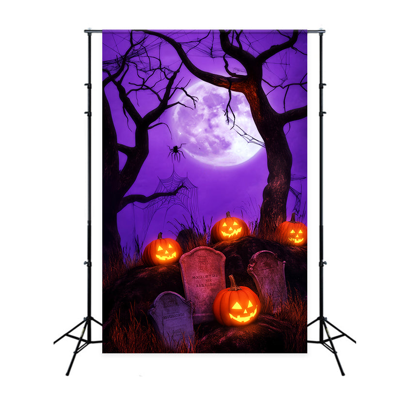 Haunted Forest Backdrop Pumpkin Lantern Graveyard Moon Halloween Backdrops LXX59-140
