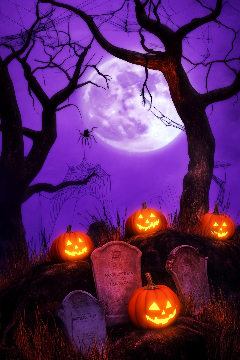 Haunted Forest Backdrop Pumpkin Lantern Graveyard Moon Halloween Backdrops LXX59-140