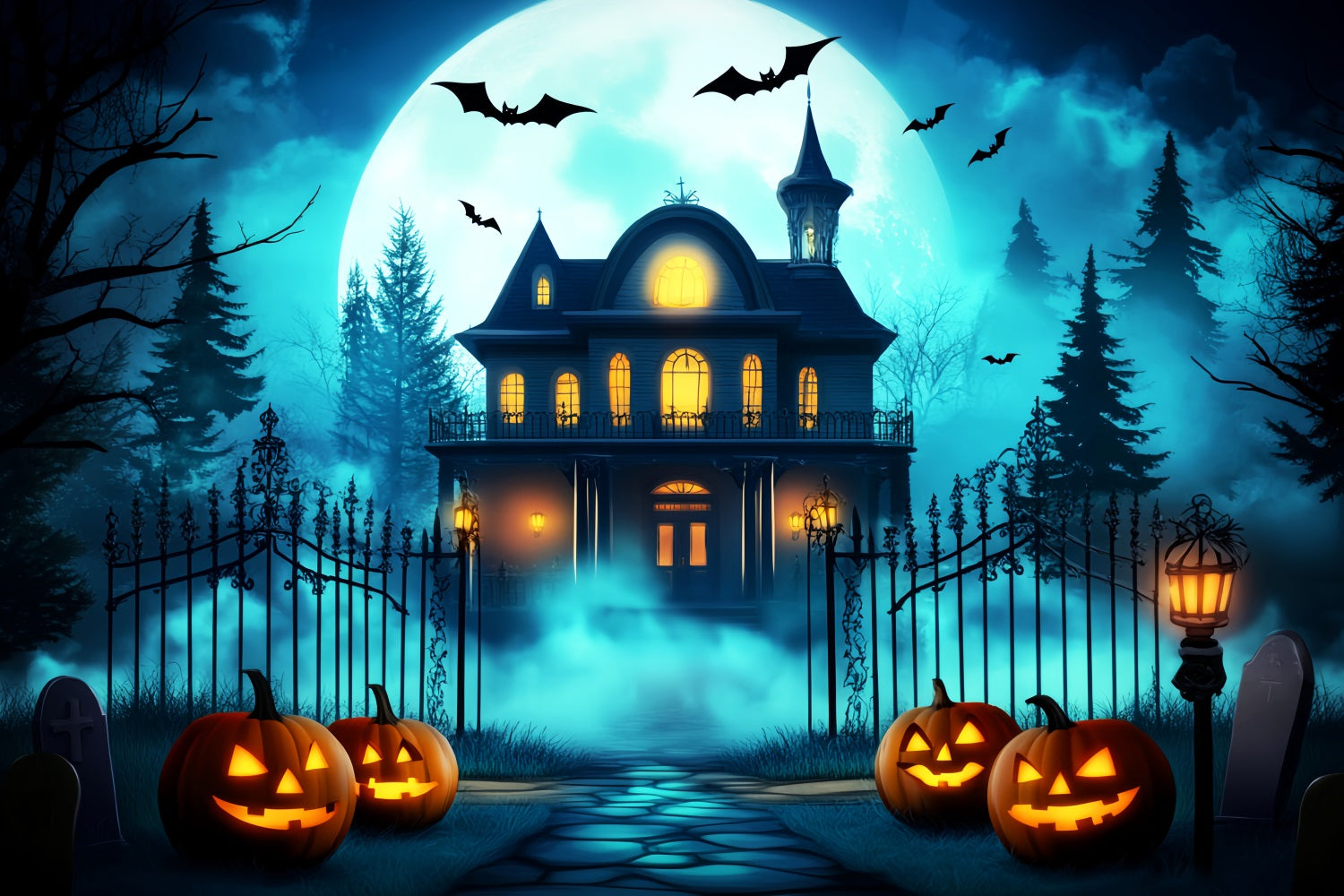 Halloween Color Backdrop Glowing Pumpkin Lanterns Gate Halloween Photo Backdrops LXX59-144