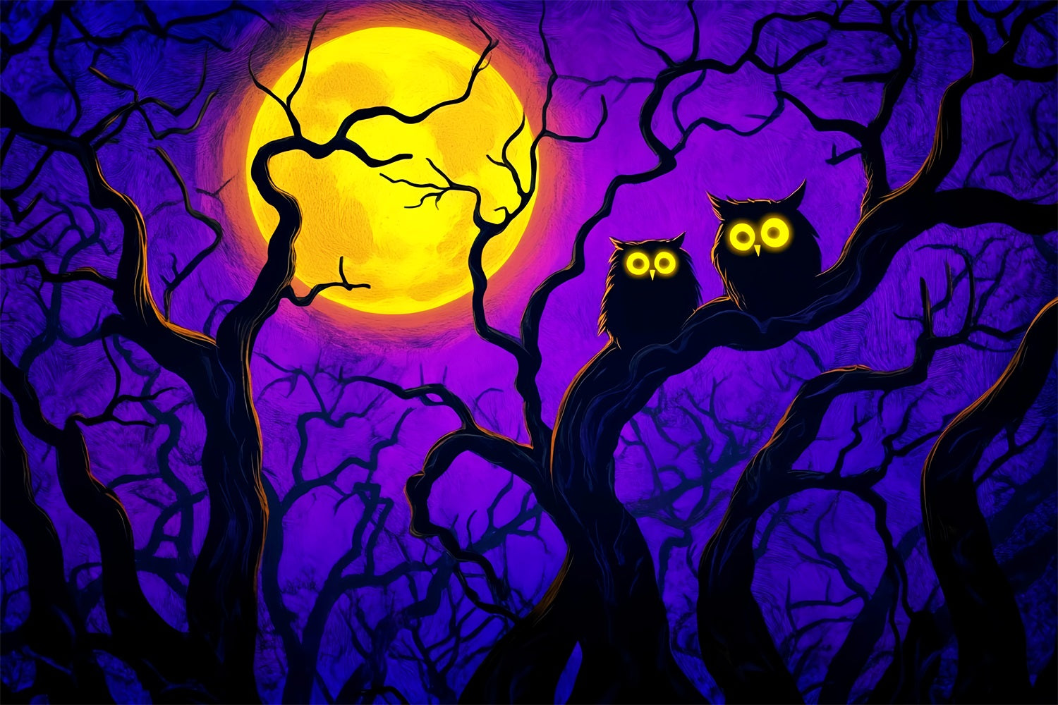 Halloween Color Backdrop Bright Moonlit Owls Branches Halloween Moon Backdrop LXX59-145
