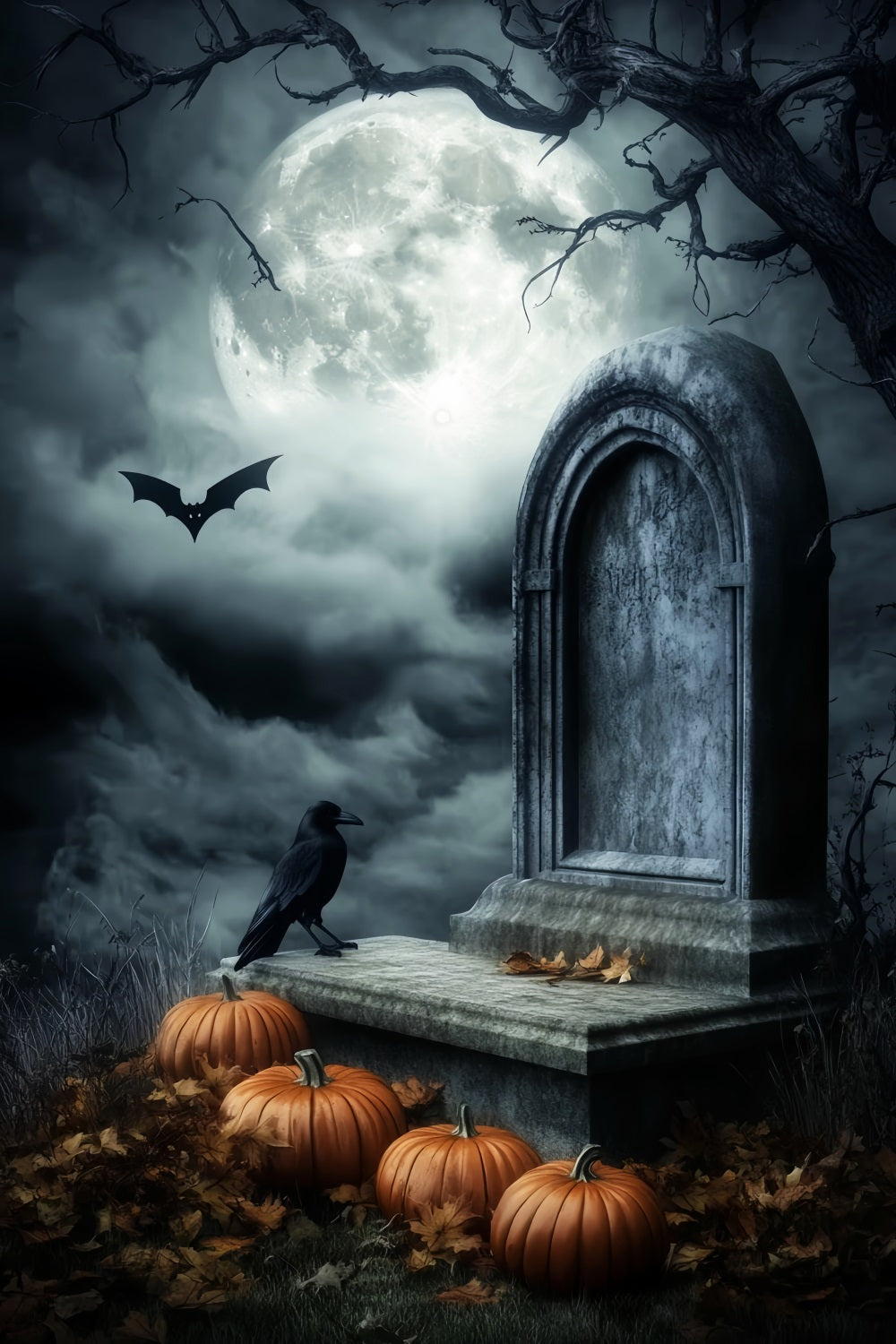 Graveyard Backdrop Moonlit Grave Pumpkins Crow Halloween Backdrops LXX59-156