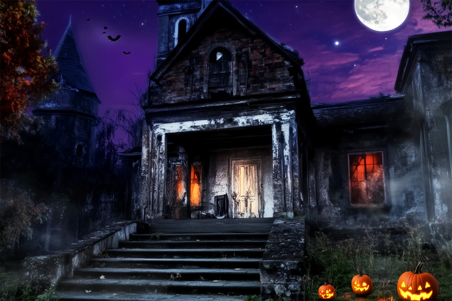 Graveyard Backdrop Haunted Mansion Purple Sky Halloween Photo Backdrop LXX59-157