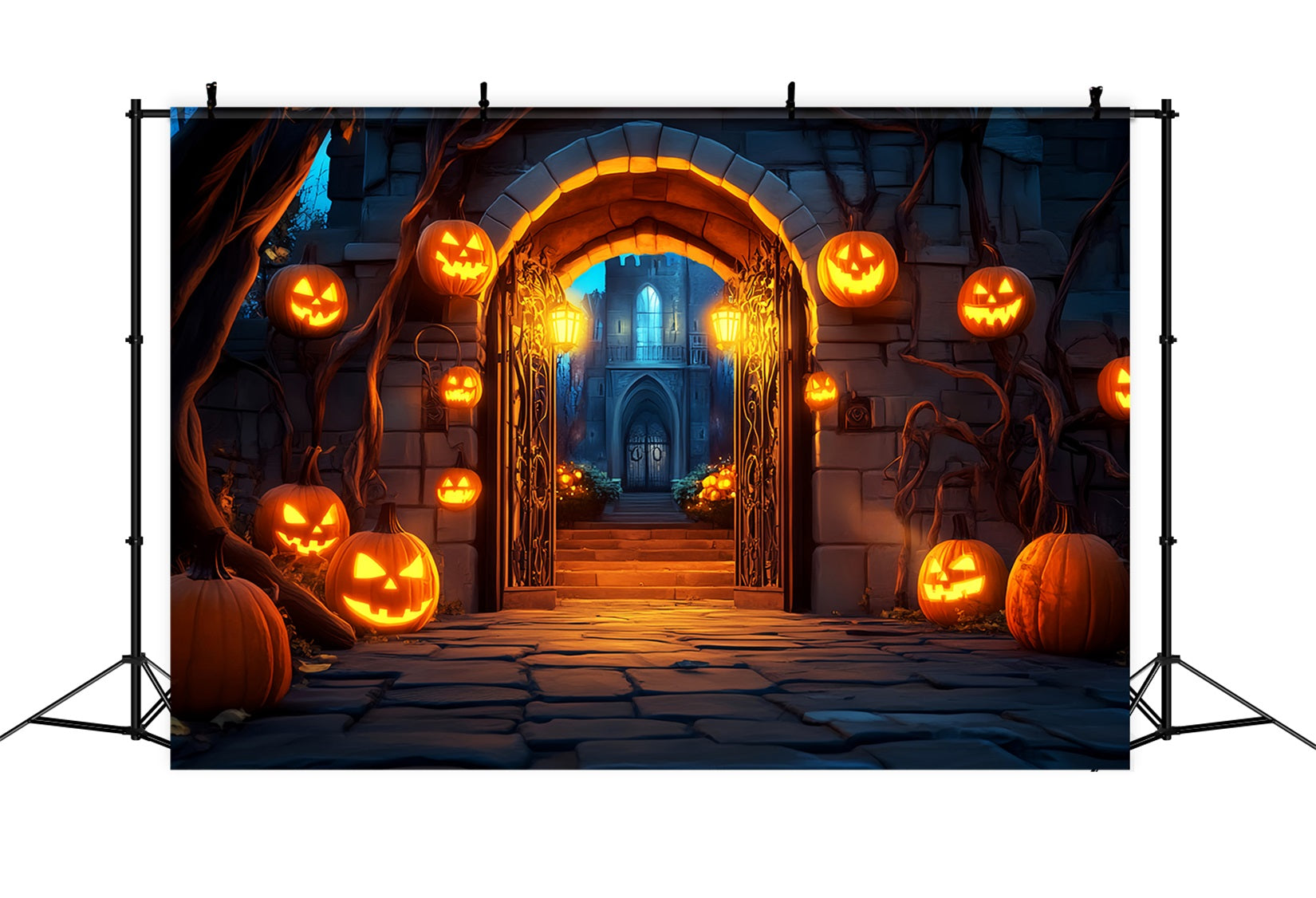 Graveyard Backdrop Pumpkin Lantern Gate Entrance Halloween Photo Backdrops LXX59-159
