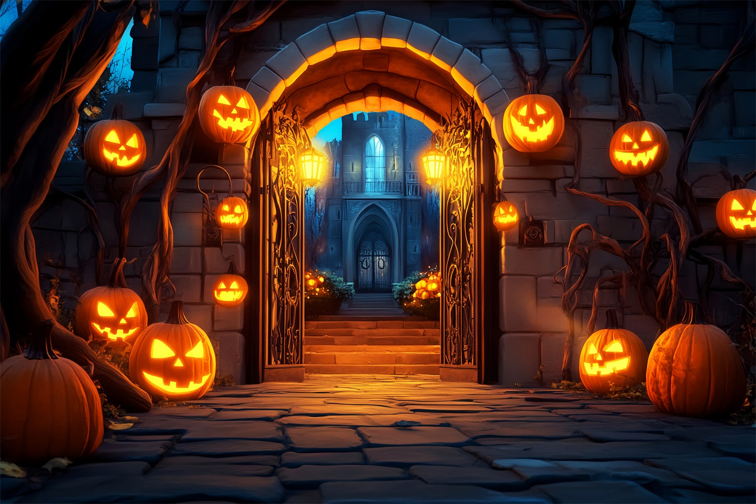 Graveyard Backdrop Pumpkin Lantern Gate Entrance Halloween Photo Backdrops LXX59-159