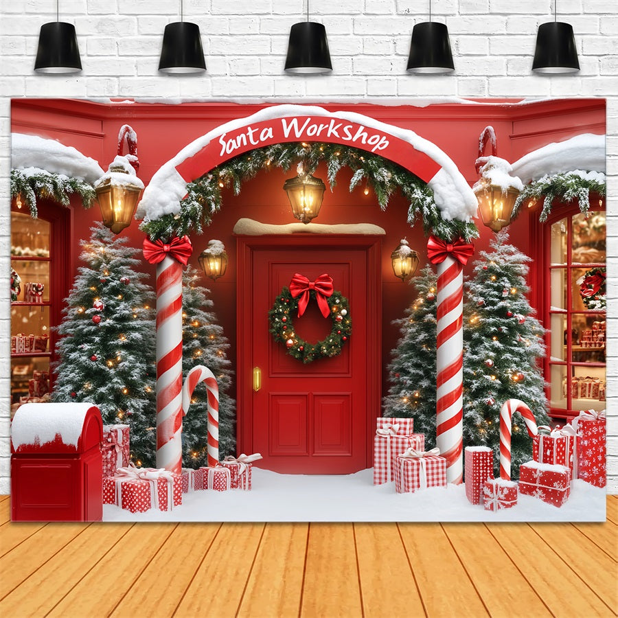 Santa Workshop Backdrop Christmas Shop Arch Entrance Red Christmas Backdrop LXX59-161