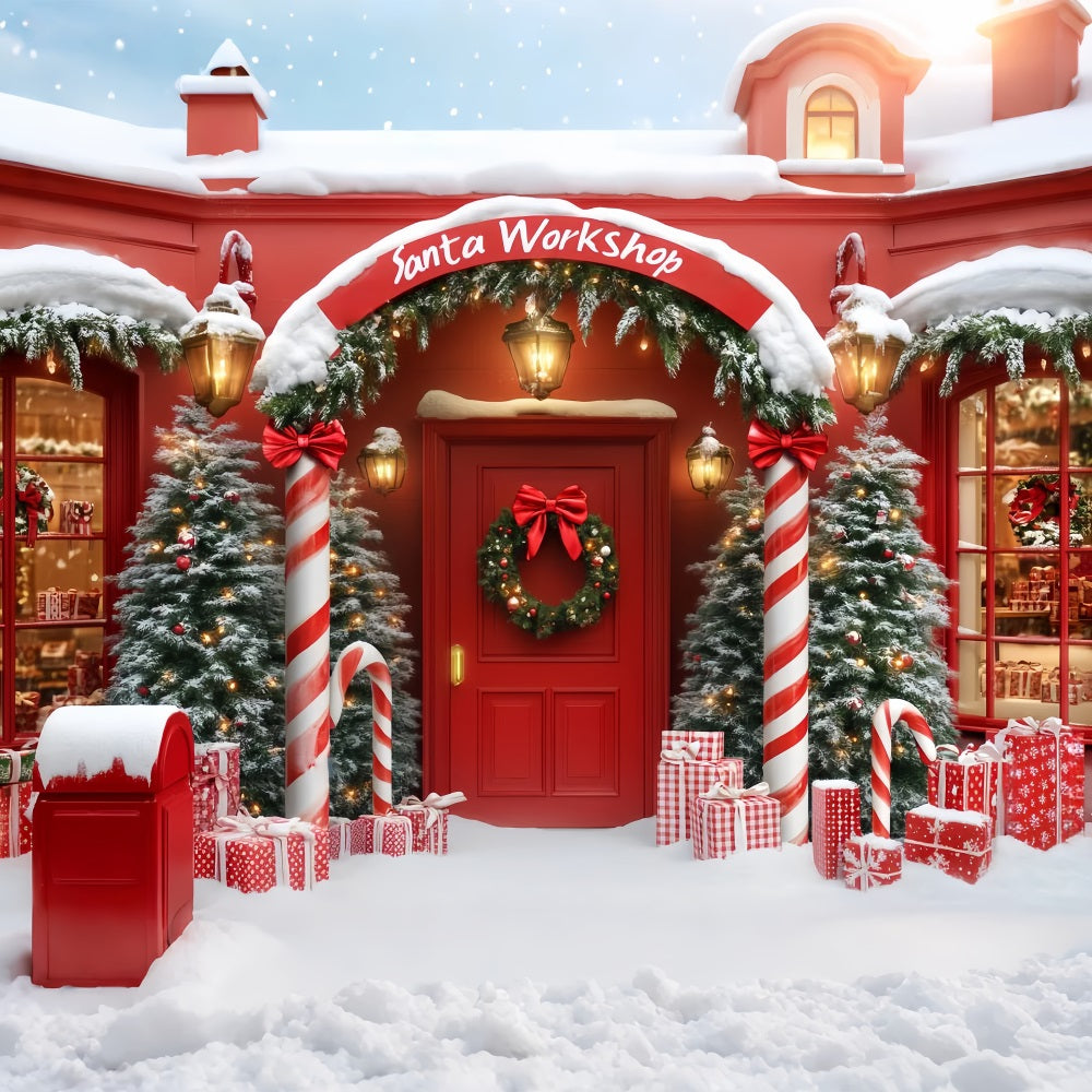 Santa Workshop Backdrop Christmas Shop Arch Entrance Red Christmas Backdrop LXX59-161