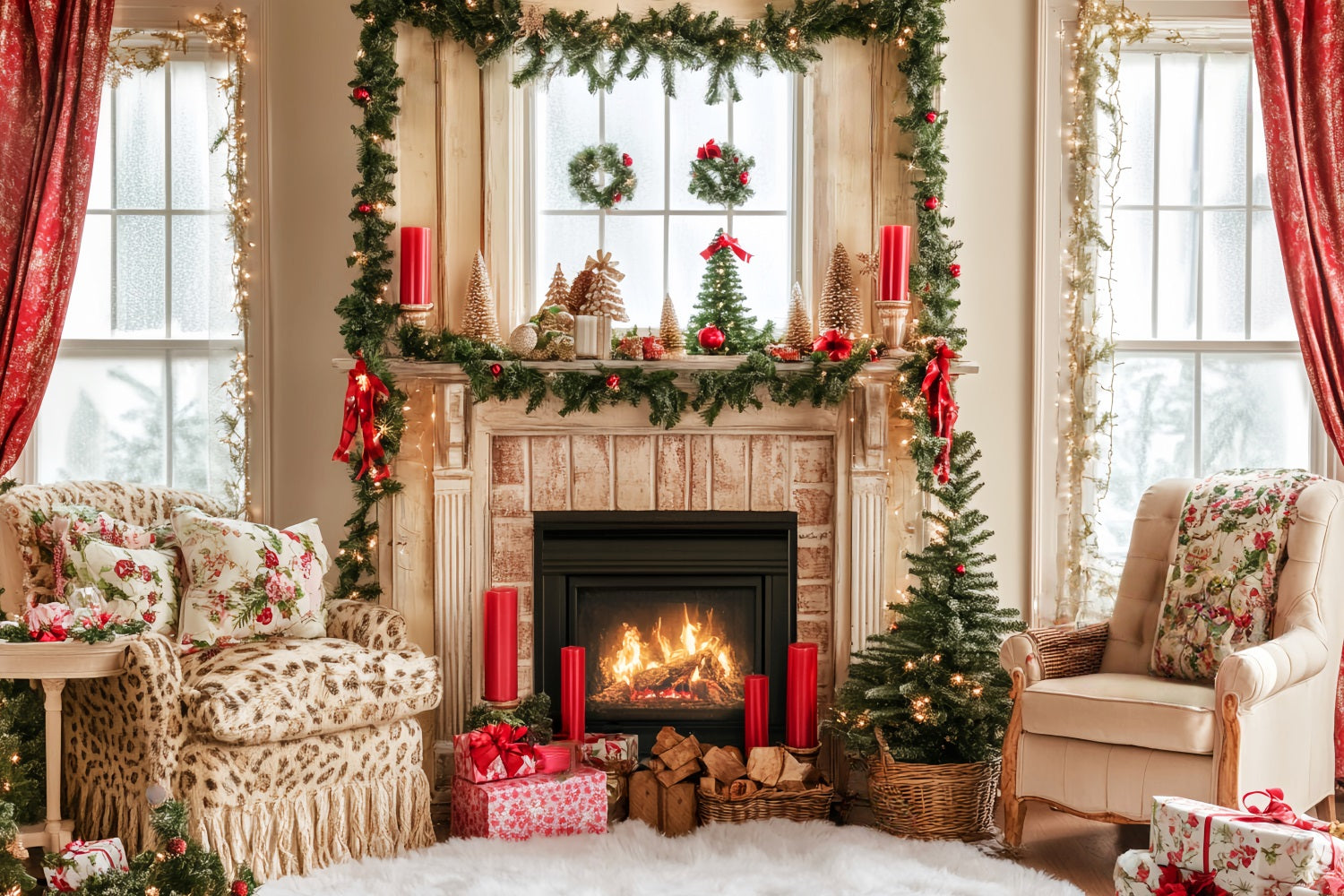 Candyland Backdrop Fireplace Cozy Holiday Room Christmas Backdrops LXX59-163