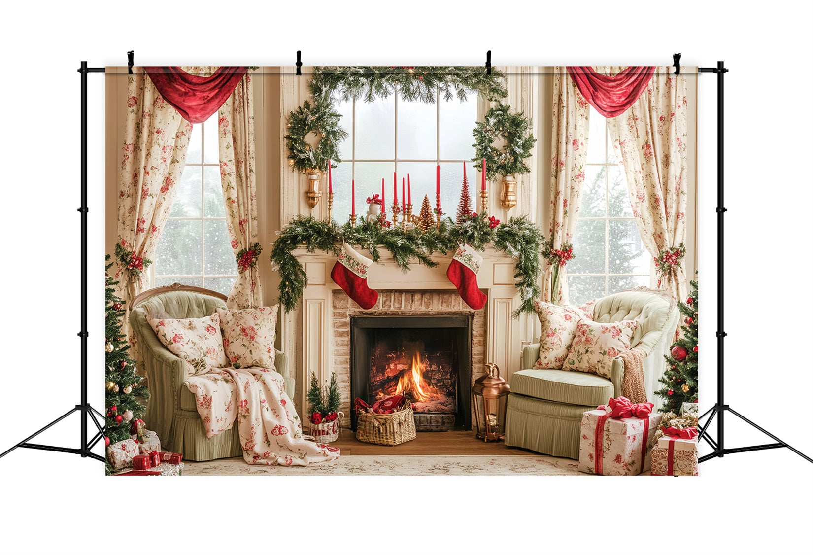 Candyland Backdrop Stockings Vintage Fireplace Mantel Christmas Photo Backdrop LXX59-164