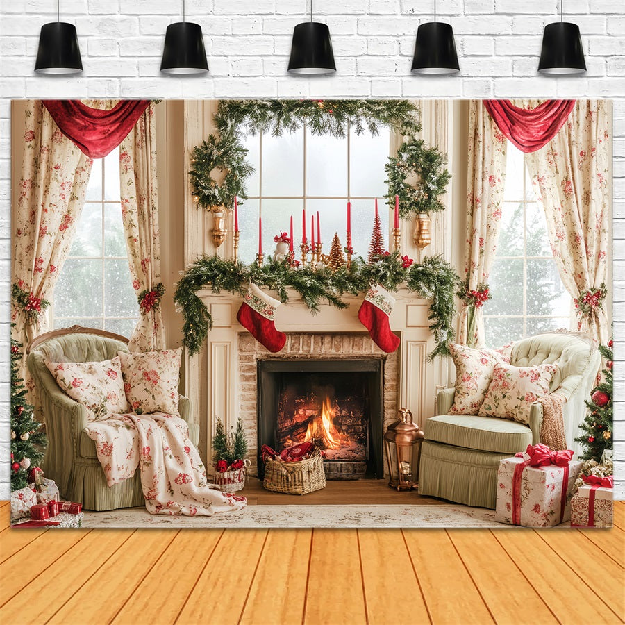 Candyland Backdrop Stockings Vintage Fireplace Mantel Christmas Photo Backdrop LXX59-164