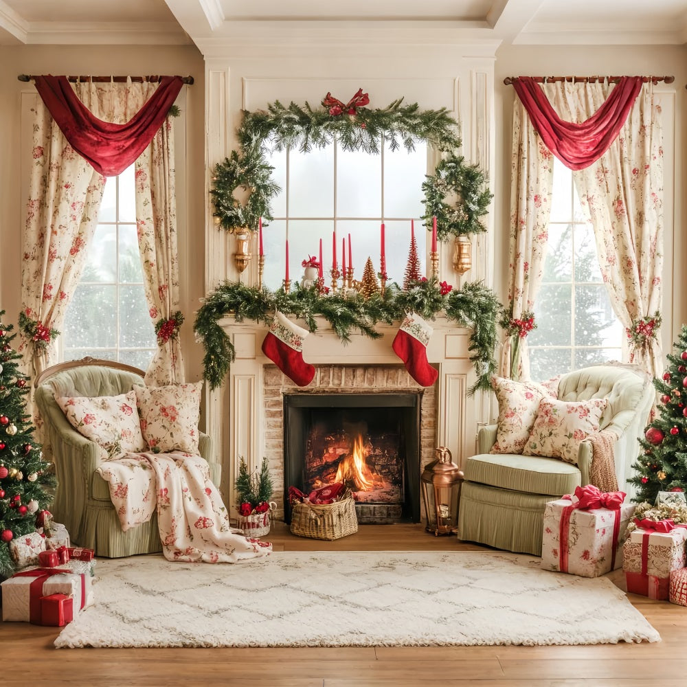 Candyland Backdrop Stockings Vintage Fireplace Mantel Christmas Photo Backdrop LXX59-164