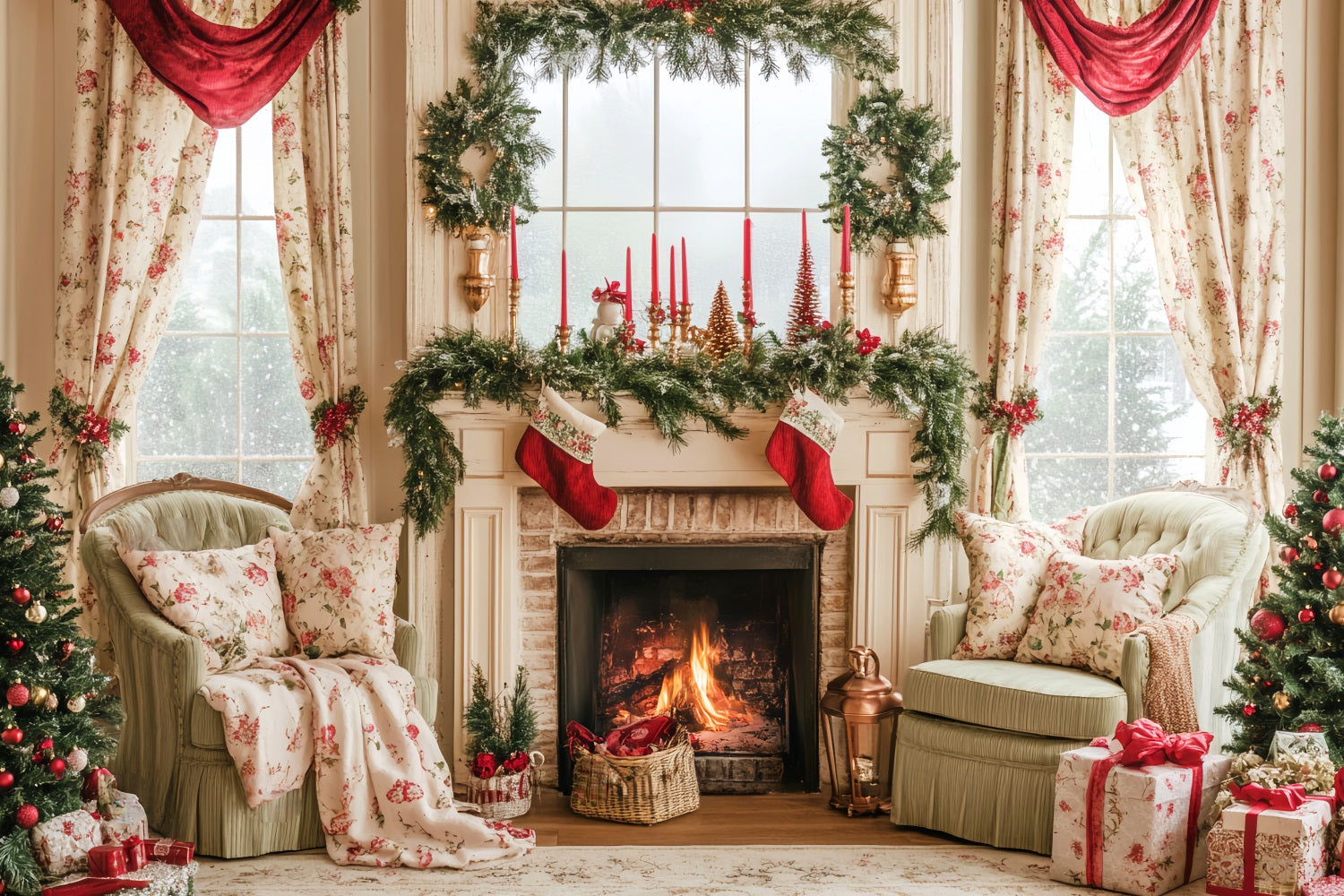 Candyland Backdrop Stockings Vintage Fireplace Mantel Christmas Photo Backdrop LXX59-164