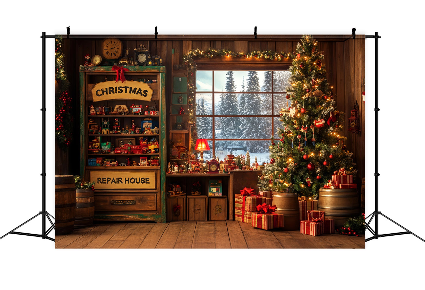Candyland Backdrop Santa Workshop Red Entrance Christmas Backdrop for Photos LXX59-165