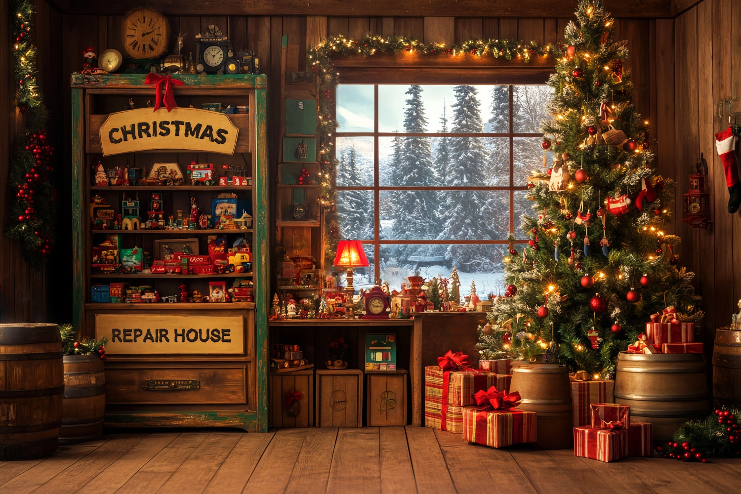 Candyland Backdrop Santa Workshop Red Entrance Christmas Backdrop for Photos LXX59-165