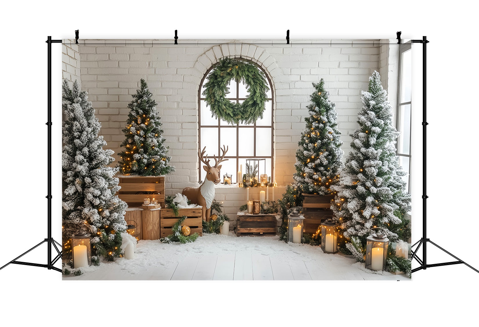 Christmas Tree Backdrop Rustic Reindeer Snowy Pine Lanterns Christmas Backdrop LXX59-170