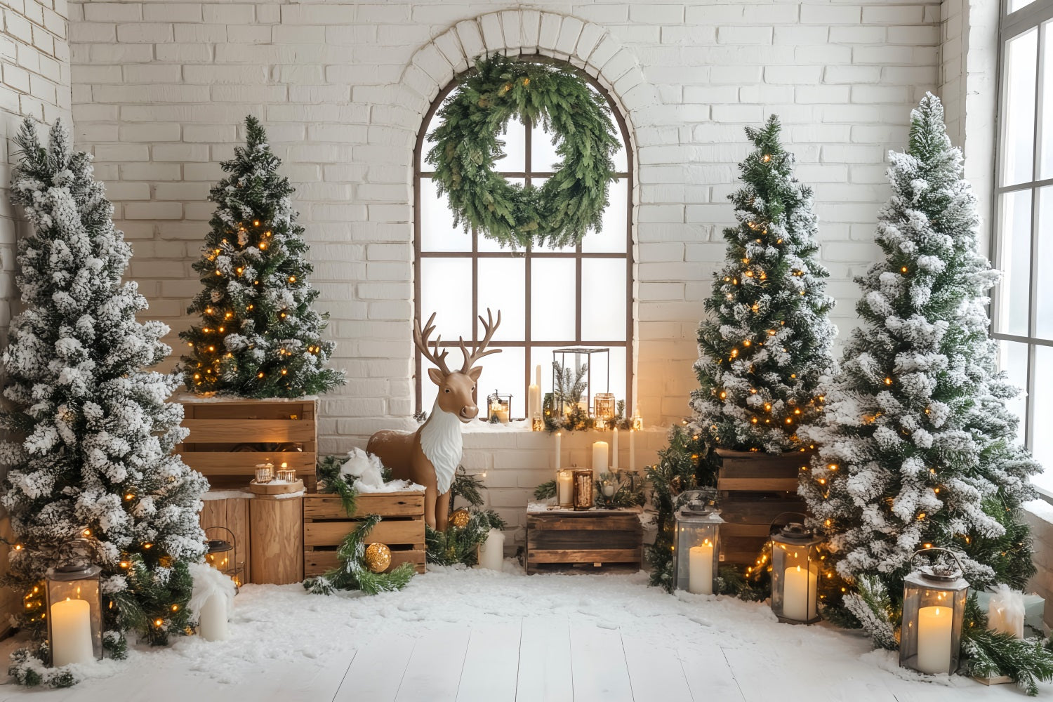 Christmas Tree Backdrop Rustic Reindeer Snowy Pine Lanterns Christmas Backdrop LXX59-170