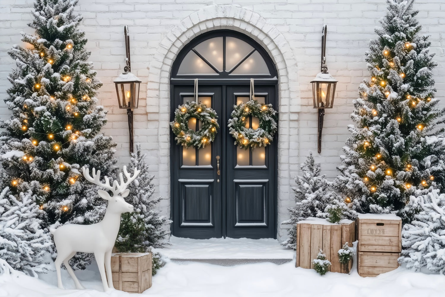 Christmas Tree Backdrop Frosted Pines Winter Wreath Door Christmas Backdrops LXX59-171