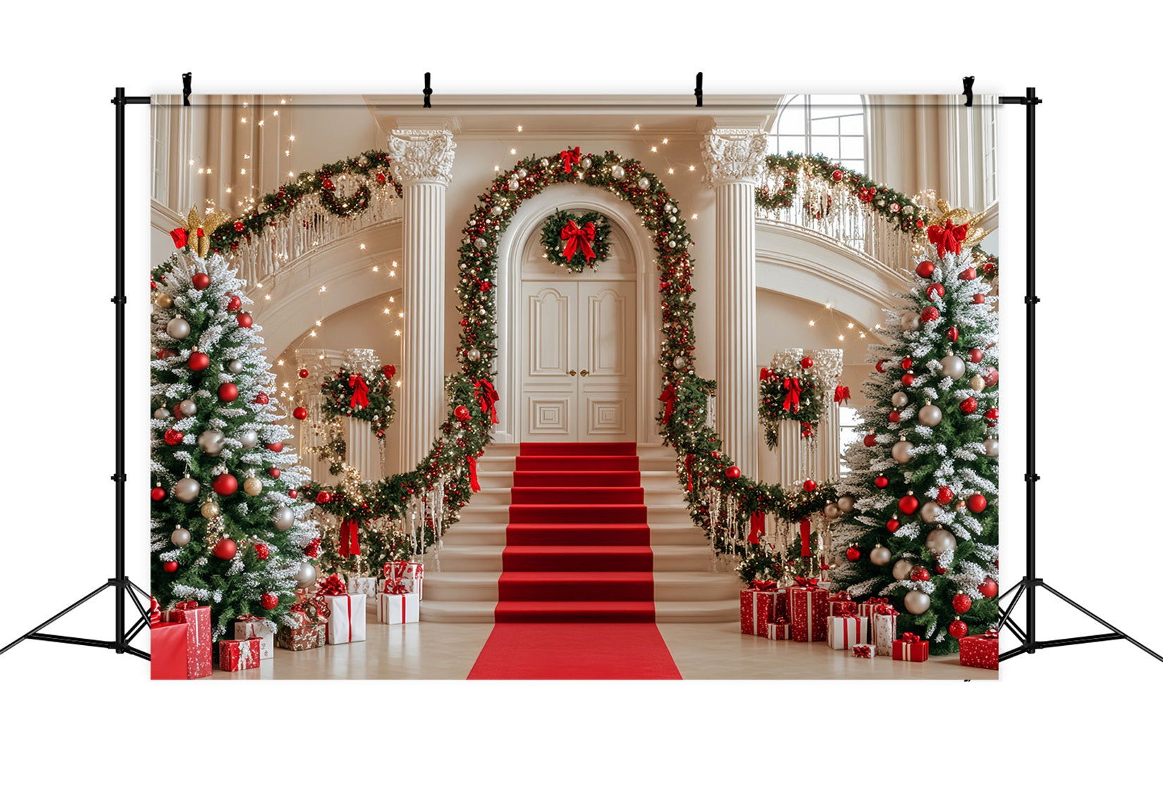 Christmas Tree Backdrop Staircase Garland Red Ornaments Christmas Photo Backdrop LXX59-172
