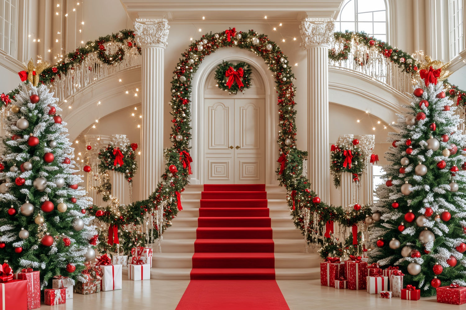 Christmas Tree Backdrop Staircase Garland Red Ornaments Christmas Photo Backdrop LXX59-172