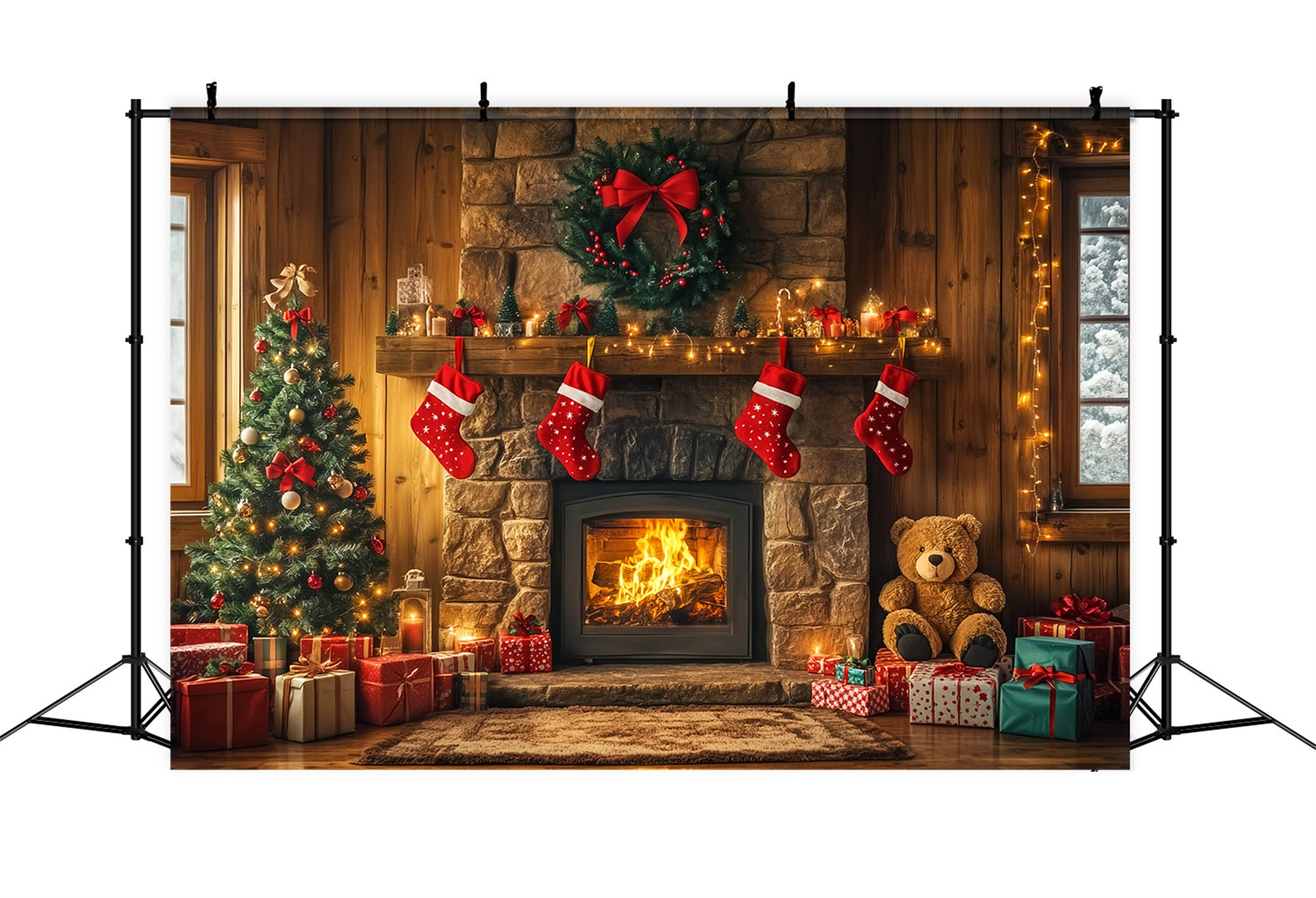 Christmas Fireplace Backdrop Stockings Garland Christmas Backdrop for Photos LXX59-173