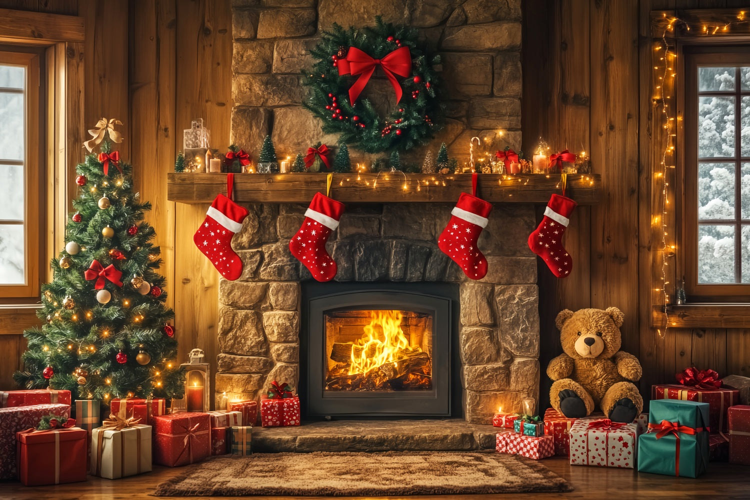 Christmas Fireplace Backdrop Stockings Garland Christmas Backdrop for Photos LXX59-173