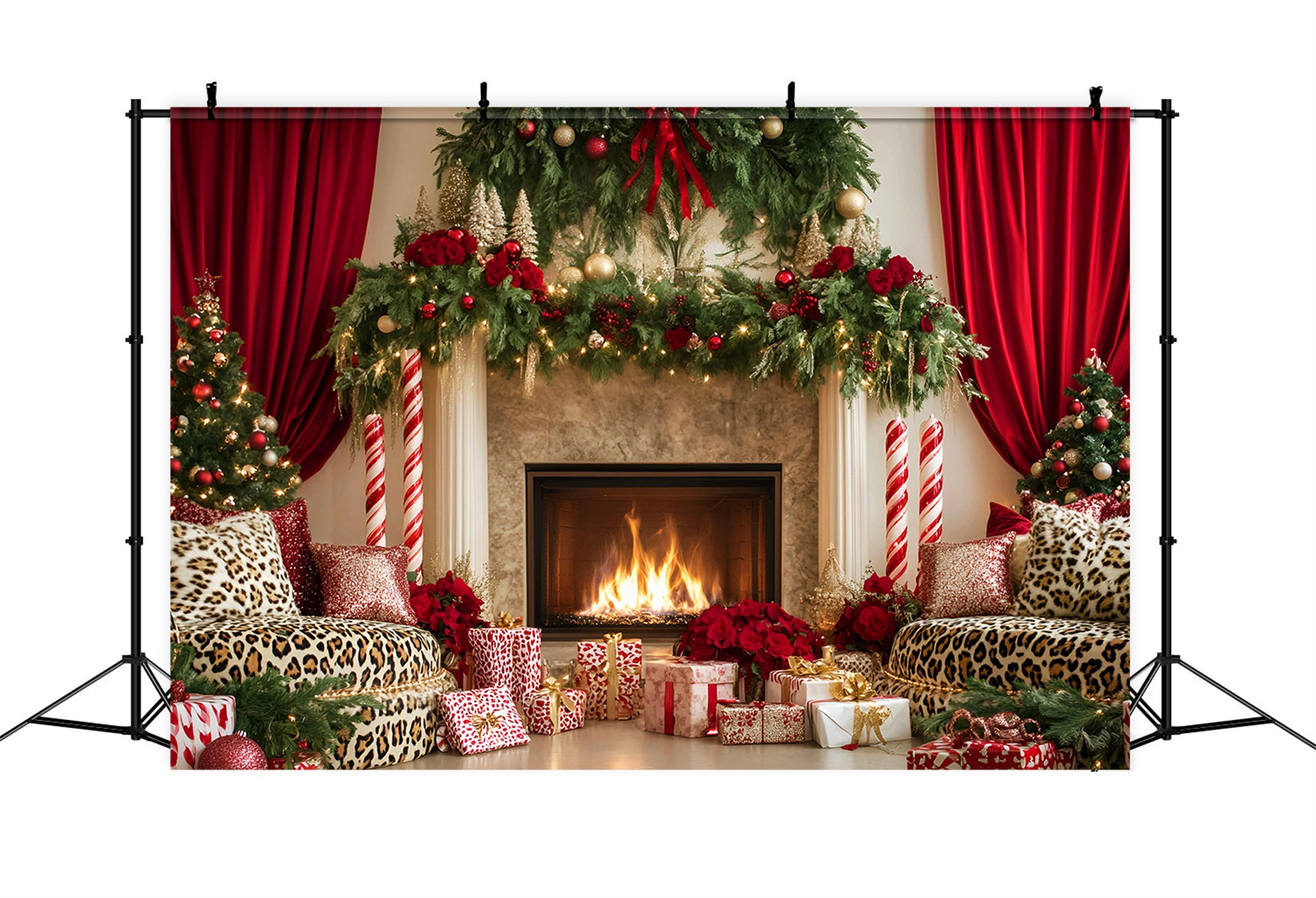 Christmas Fireplace Backdrop Elegant Red Curtain Christmas Backdrops for Photography LXX59-174